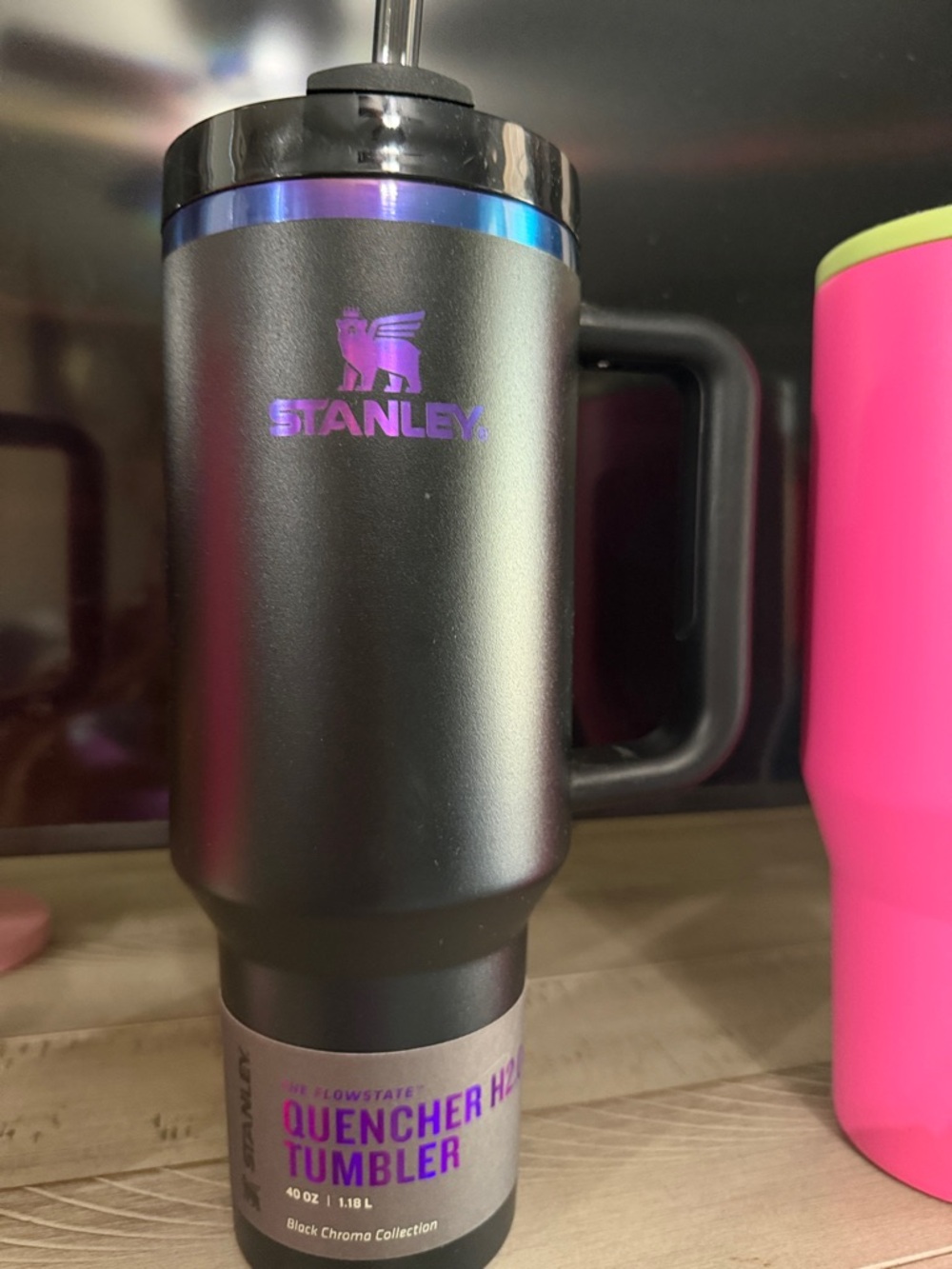Stanley Black Tumbler with Purple Logo and Blue Accent